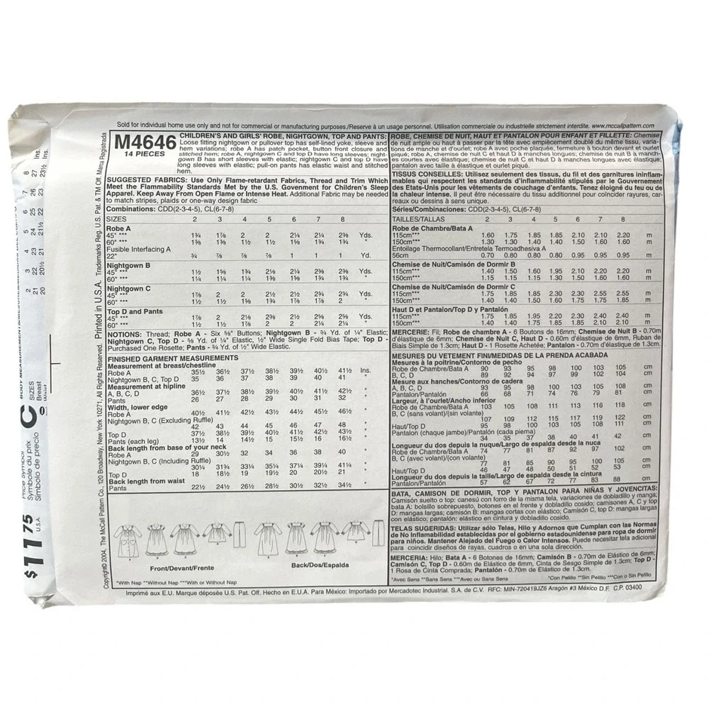 McCall's M4646 Sewing Pattern Girls Size 6-8 Robe Nightgown Top Pants Uncut